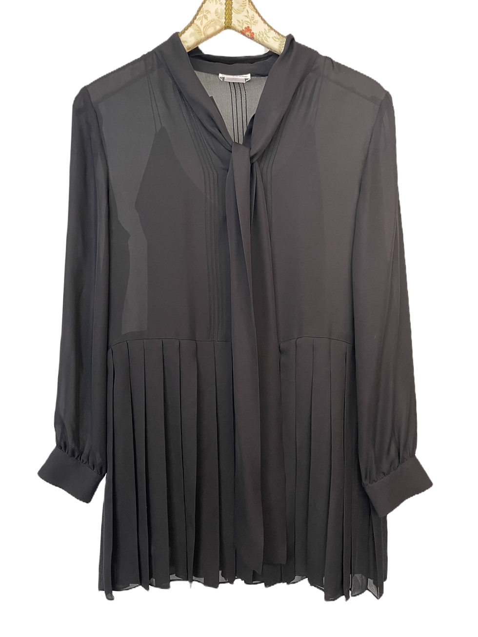 Thumbnail: Oscar de la Renta Black Pleated Silk Tunic/ Dress with Tie Collar – Size 10