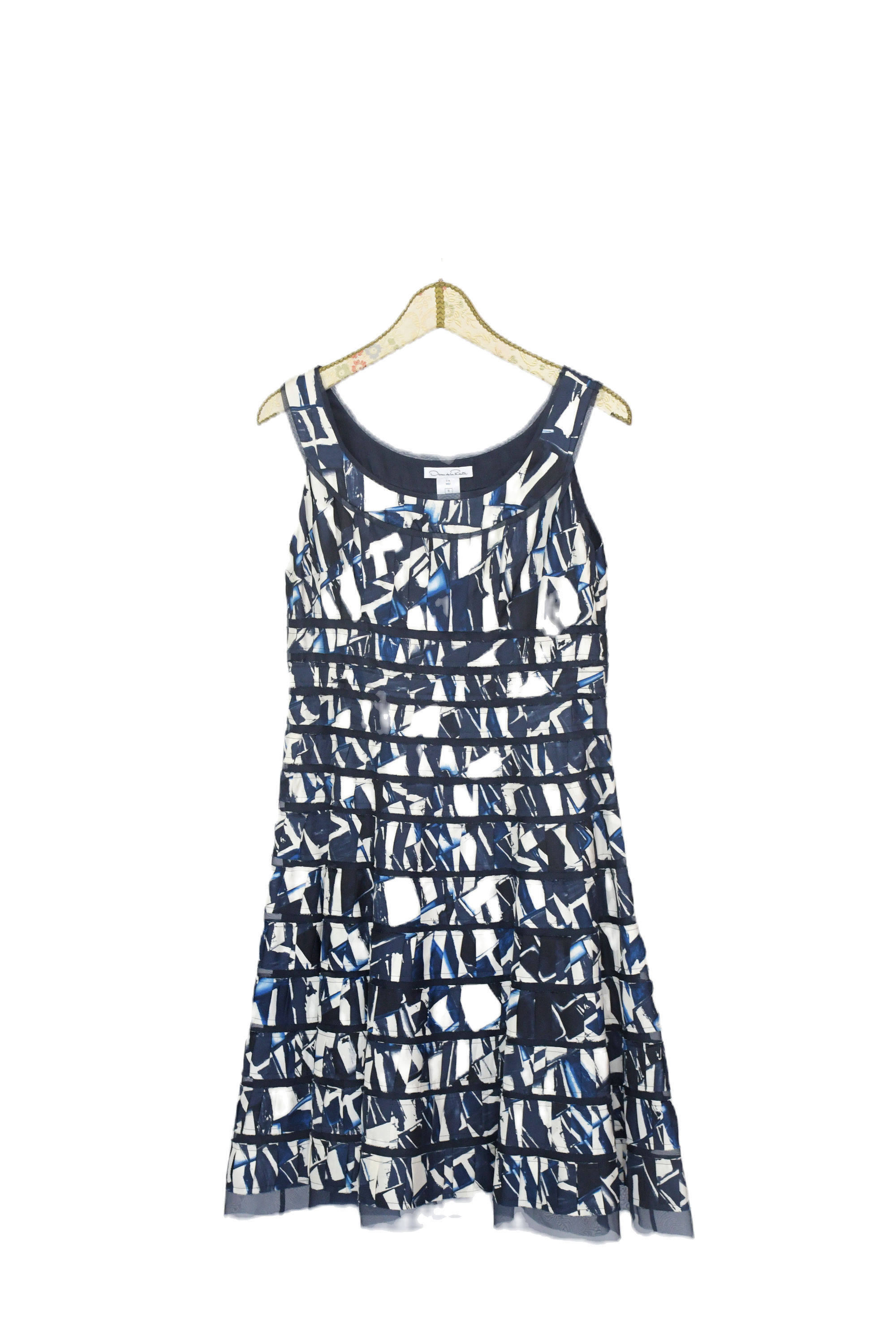 Oscar de la Renta Blue & White Pleated Ribbon Print Silk Dress