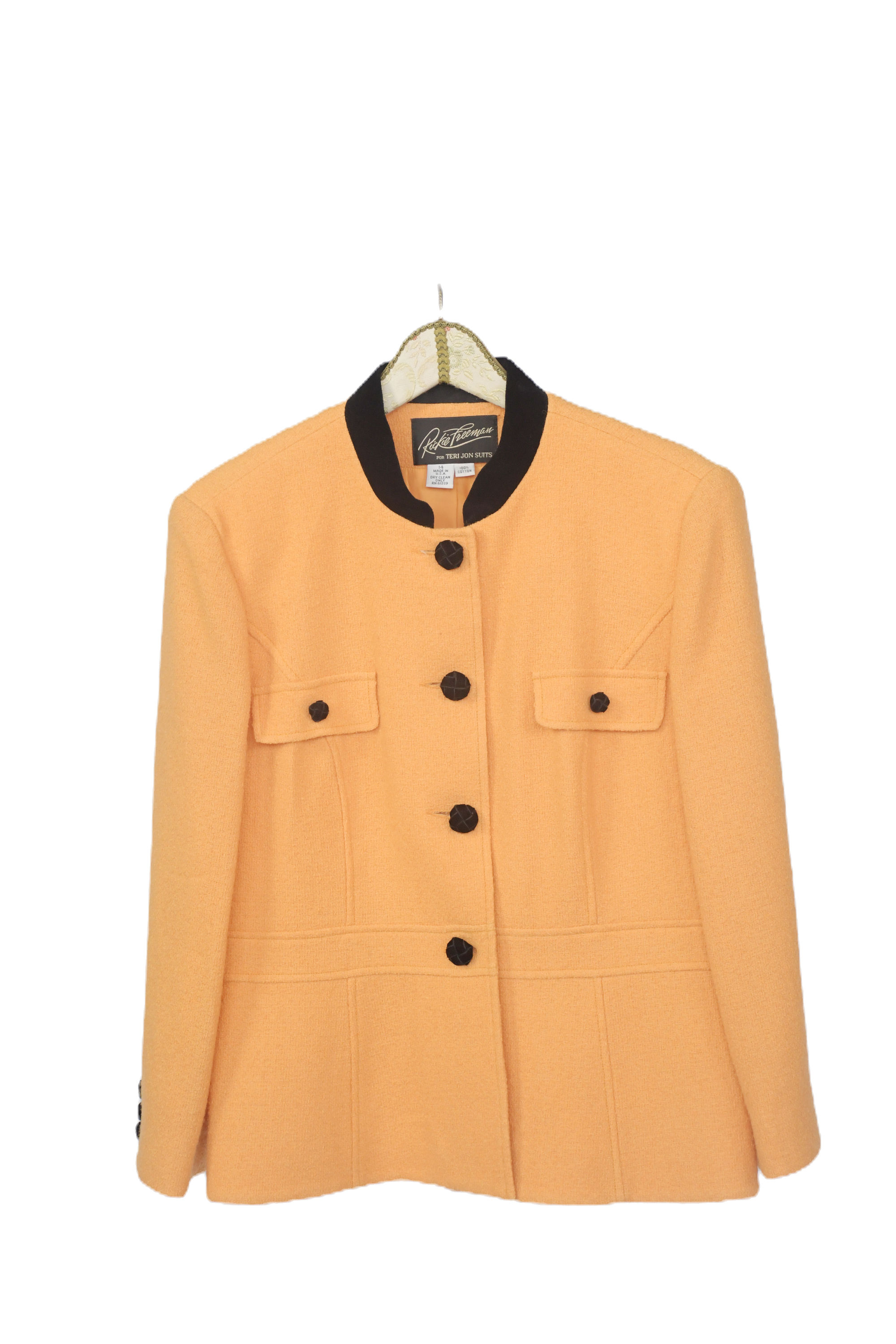 Vintage Rickie Freeman Yellow Bouclé Jacket with Velvet Buttons – Size 14