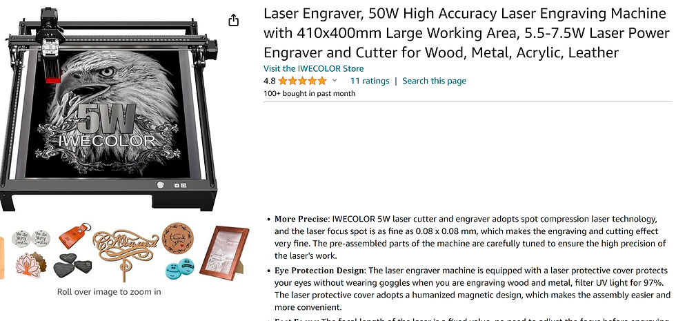 Amazon-style product page for an IWECOLOR laser engraver showing an eagle engraving and text about a 50W high-accuracy machine