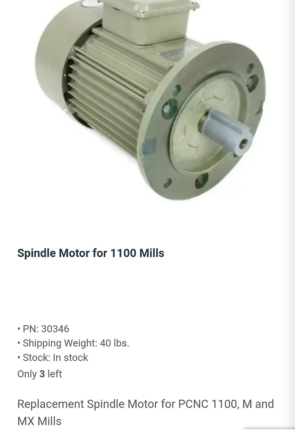 Product page showing a beige spindle motor on white background, with text: Spindle Motor for 1100 Mills, PN 30346, Only 3 left.