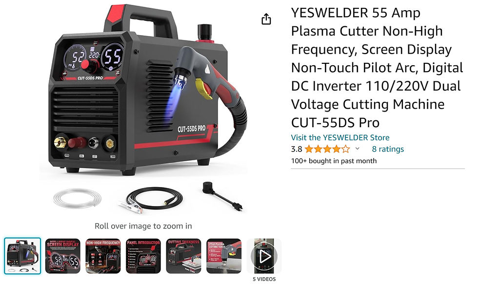 Amazon listing for YESWELDER CUT-55DS Pro plasma cutter with torch, hoses, 55A digital screen, ratings, and 110/220V text.