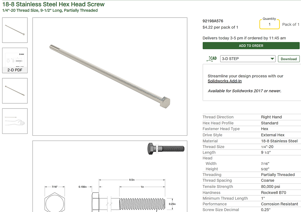 Product page for a 18-8 stainless steel hex head screw, showing a silver screw, specs, price, and Add to Order button.