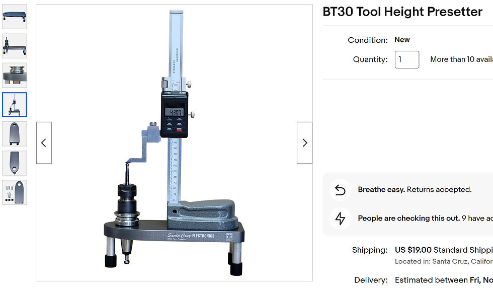 BT30 Tool Height Presetter displayed on product page, with digital gauge and metal base; text shows New condition and quantity 1