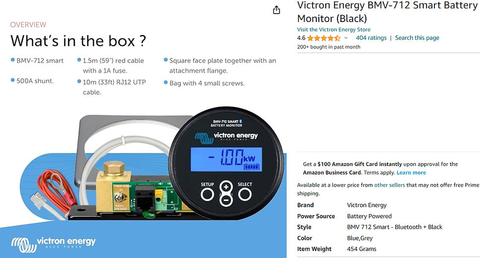Amazon listing for Victron Energy BMV-712 Smart Battery Monitor, showing included parts and a black round display with blue screen.