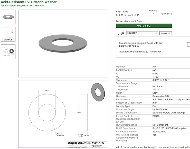 Product page for an Acid-Resistant PVC plastic washer, showing a gray ring, dimension diagram, and specs on a white background.