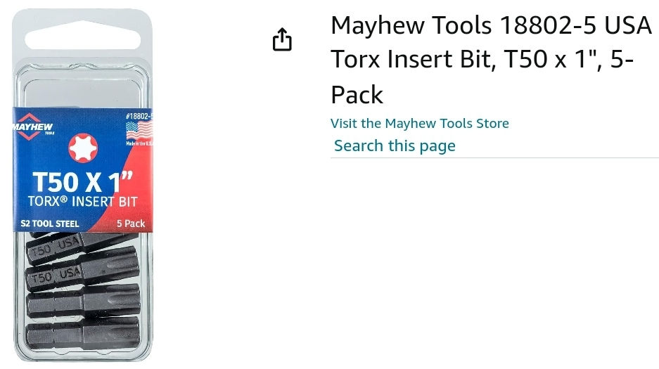 Mayhew Tools T50 x 1 Torx insert bit 5-pack in blue and red blister packaging on a white product page background.