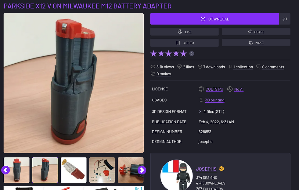 Webpage titled PARKSIDE X12 V ON MILWAUKEE M12 BATTERY ADAPTER shows a black-and-red 3D-printed battery adapter on a desk.