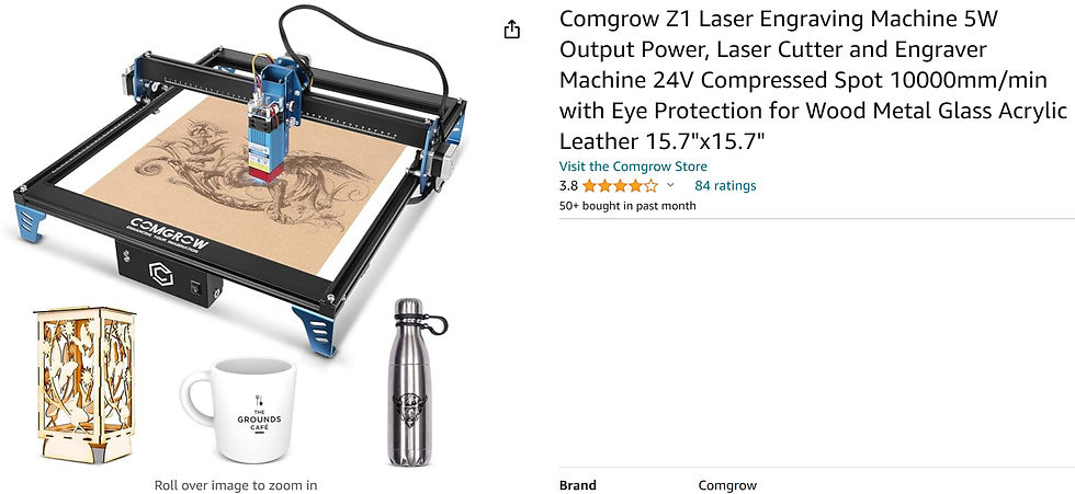 Amazon product image of a Comgrow Z1 laser engraver engraving wood, with sample engraved lamp, mug, and bottle; text shows product name and ratings