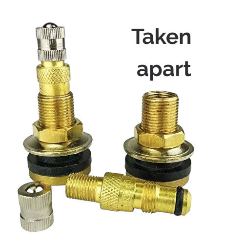 Three brass tire valve stems disassembled on a white background, with text Taken apart above them.