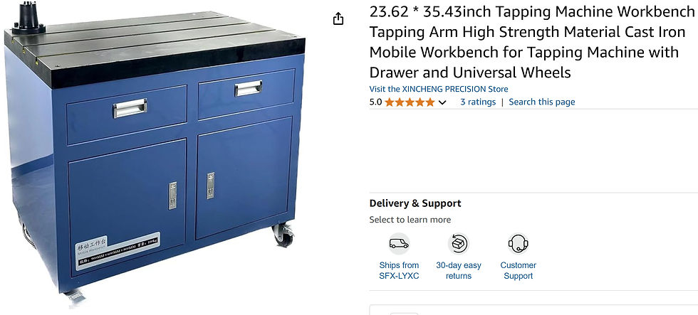 Blue mobile tapping machine workbench with drawers and wheels on an Amazon product page, with title text and 5-star rating displayed