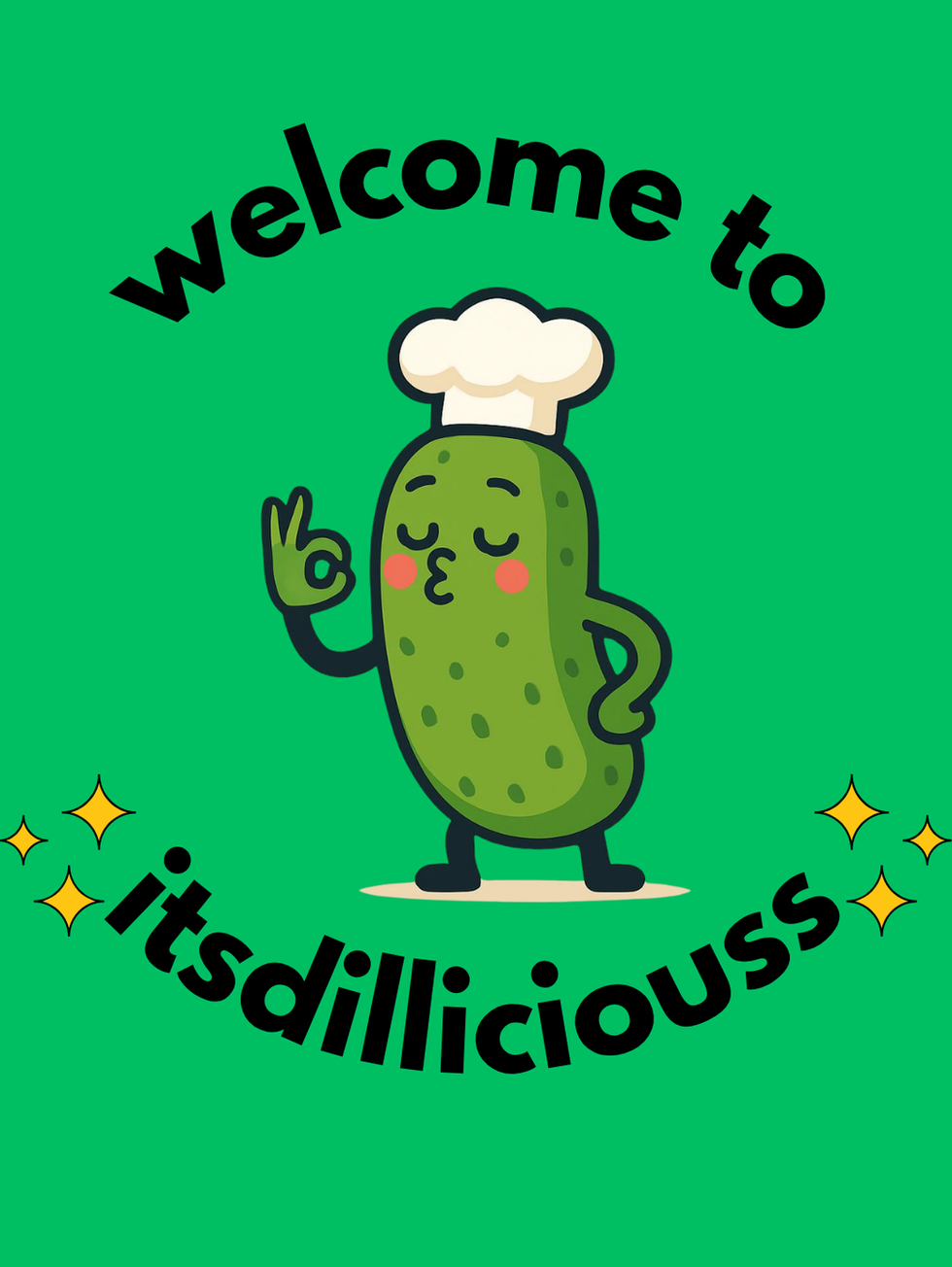 itsdilliciouss food brand graphic featuring chef pickle mascot