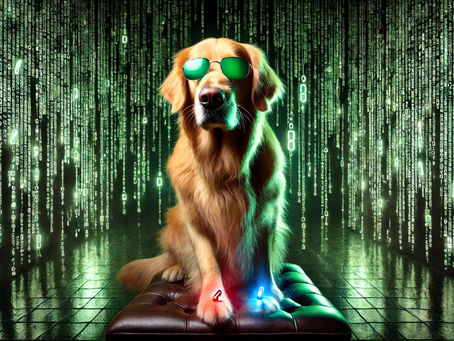 a golden retriever choosing between the red pill and the blue pill in the matrix