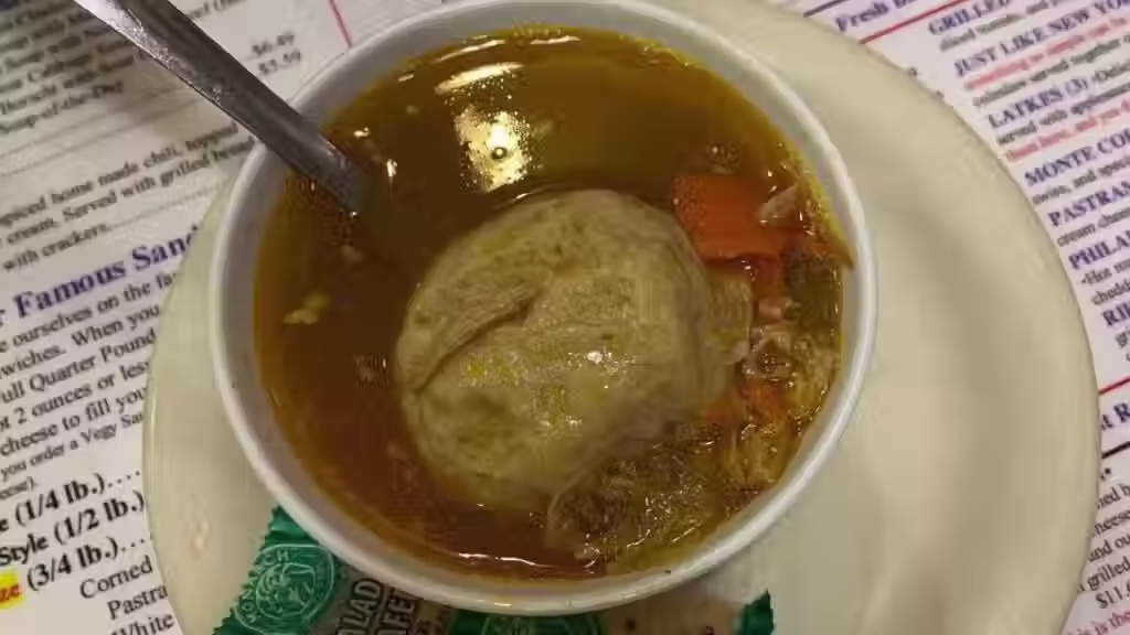 Bowl of matzo ball soup with chicken broth and vegetables served at Cecil's Deli