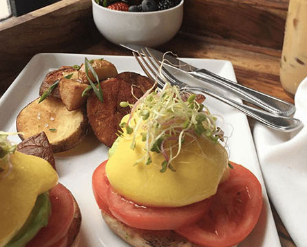 Appetizing brunch platter at The Classic Diner in Malvern, PA featuring Eggs Benedict topped with hollandaise sauce and microgreens on a toasted English muffin with tomato, served alongside crispy breakfast potatoes and a fresh berry bowl with strawberries, blueberries, and blackberries.