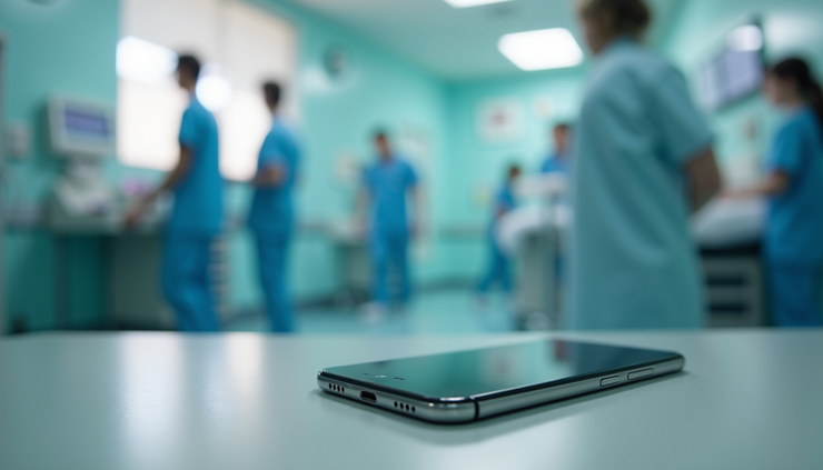 Eye-level view of a smartphone on a pediatric emergency department desk