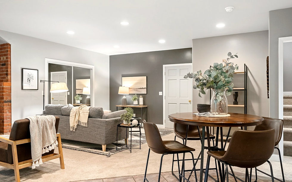 Mid-Century Modern Basement Sitting Area and Dining Area with Grey Walls