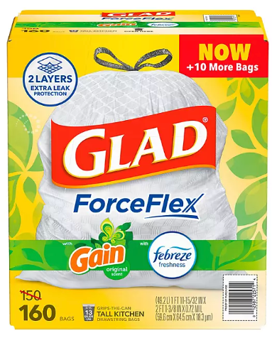 Glad ForceFlex Max Strength Tall Kitchen Drawstring Trash Bags, 13 gal, 160 ct.