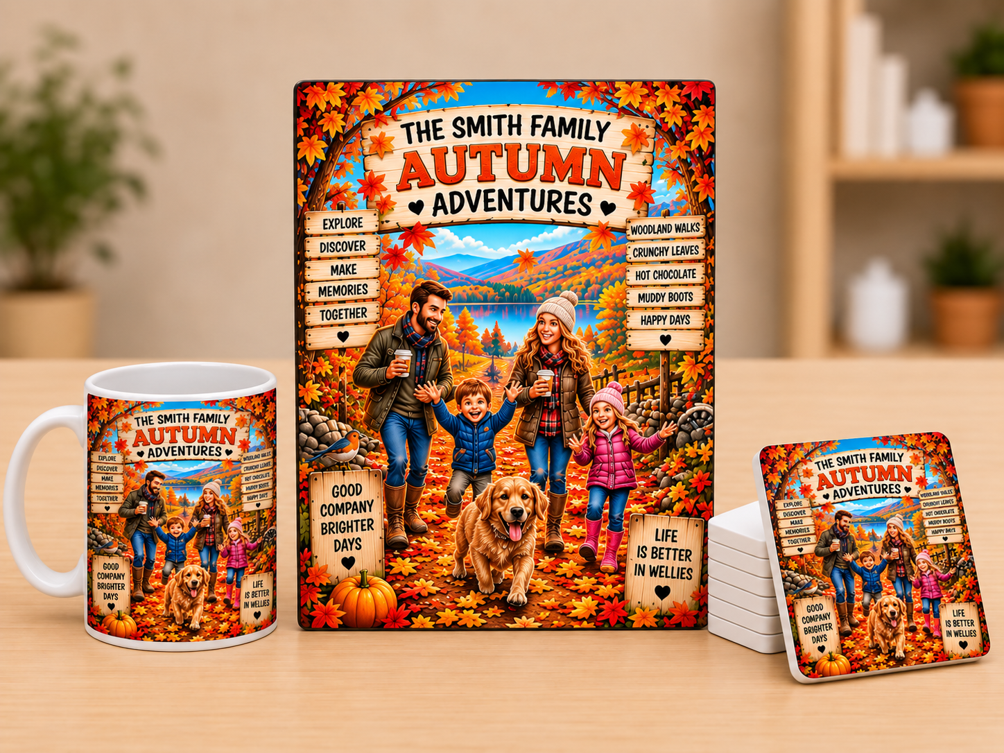 Family Autumn Adventures Personalised Plaque, Mug & Coaster Bundle