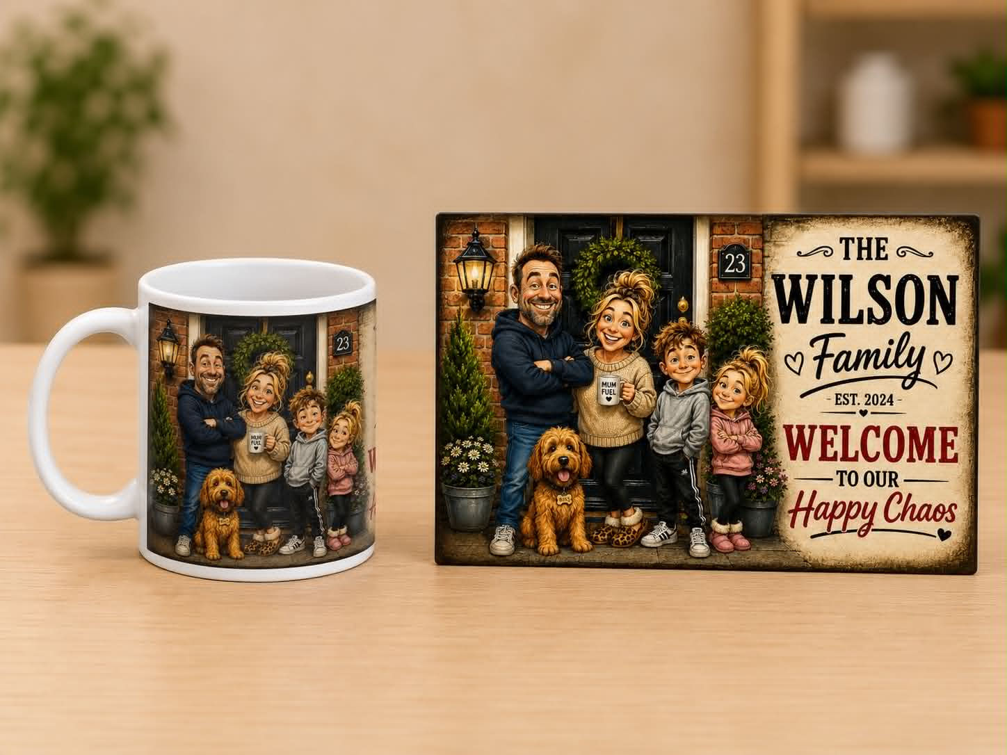 Welcome to Our Happy Chaos – Personalised Mug & Plaque Set