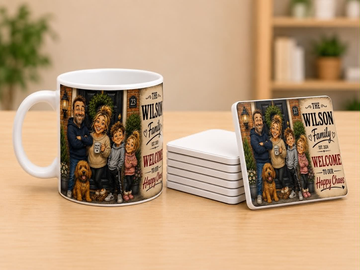 Welcome to Our Happy Chaos – Personalised Family Mug & Coaster Set