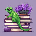 hojas verdes lavanda, flores violetas y camaleón sentado sobre libros .jpg