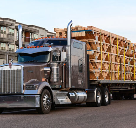 Commercial box truck in transit for freight delivery