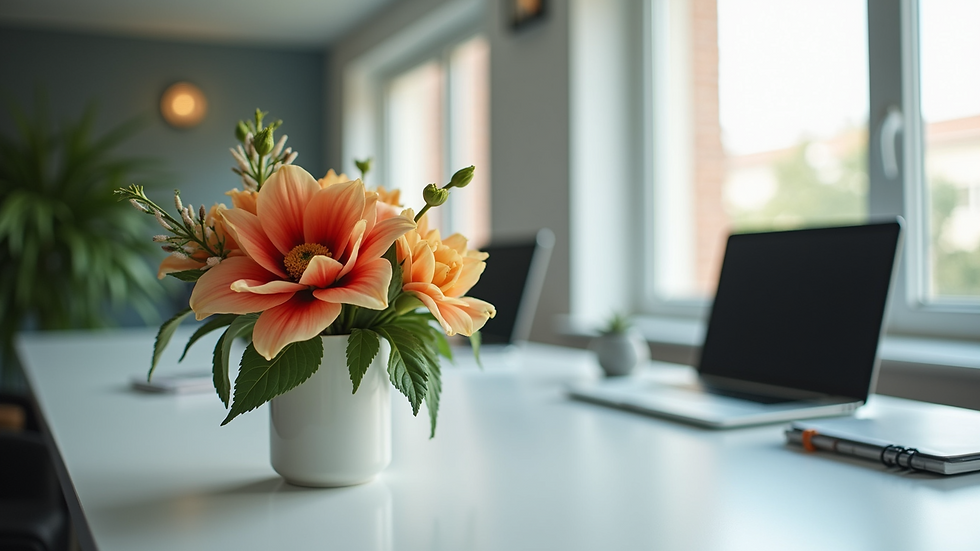 Eye-level view of a decorative artificial flower arrangement on a modern office desk