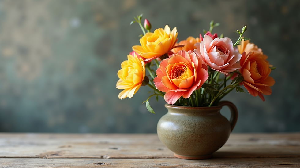High angle view of a colorful artificial flower arrangement in a rustic ceramic vase