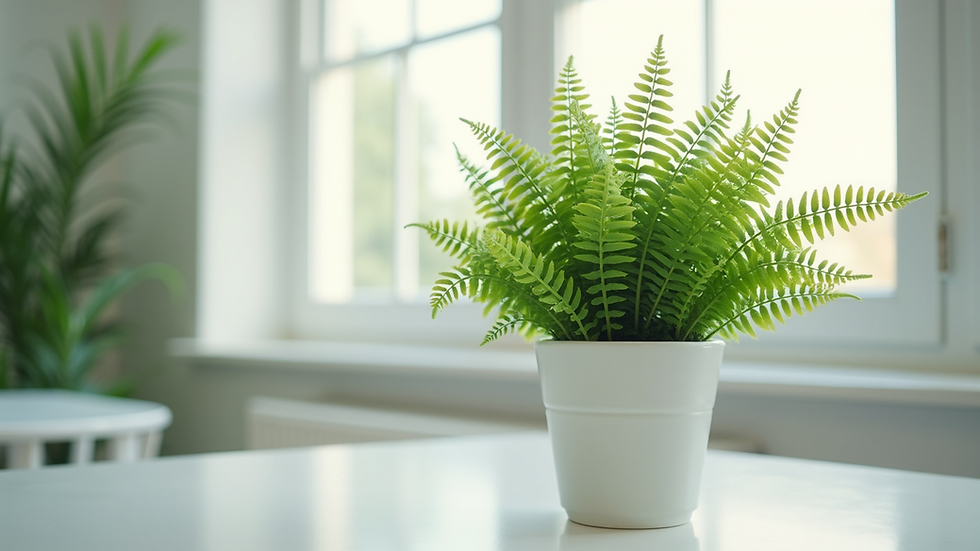 Close-up view of a realistic artificial fern plant in a white pot