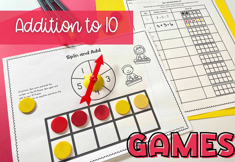 Graphic that says addition to 10 games with a game called spin and add, a spinner game with two color counters and a recording sheet to write addition equations
