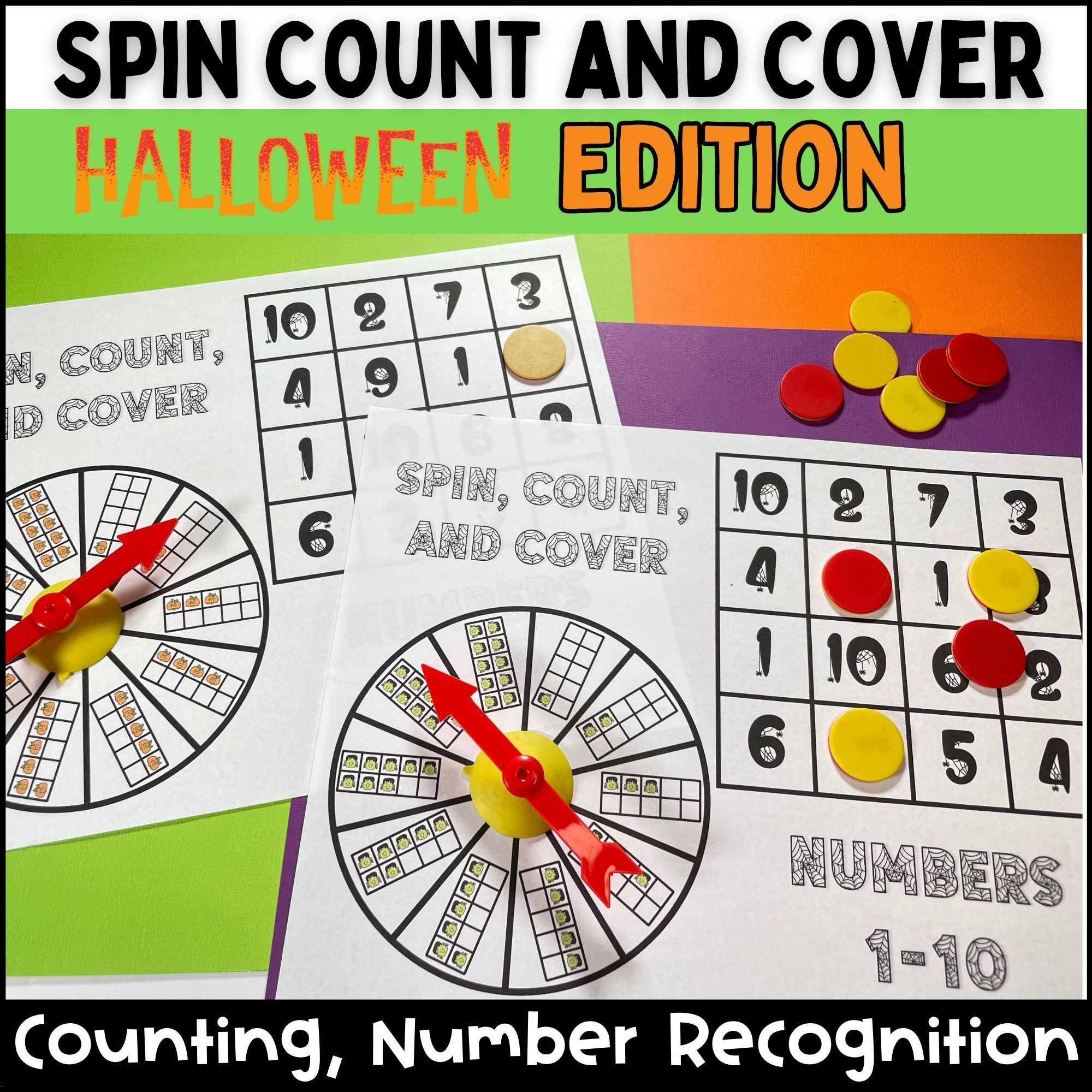 Numbers 1 -10 Math Counting Center Halloween Edition - Spin, Count, and Cover