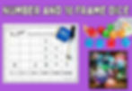 Graphic that says number and 10 frame dice with an image of dice with numbers on them, 10 frame dice and math counting activity called roll and write five frames