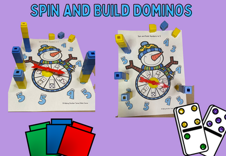 Spin and Build Dominos and images of snow man spinners with dominoes and cube towers with two colors