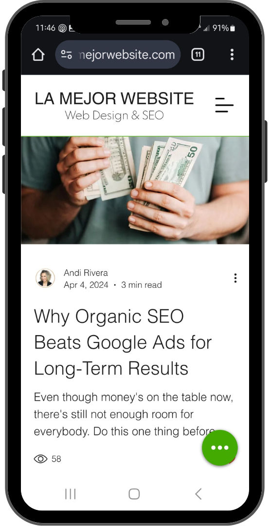 Pic of a cellphone view showing a blog optimized for mobile