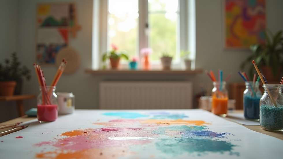 Eye-level view of a serene art therapy studio with colorful art supplies
