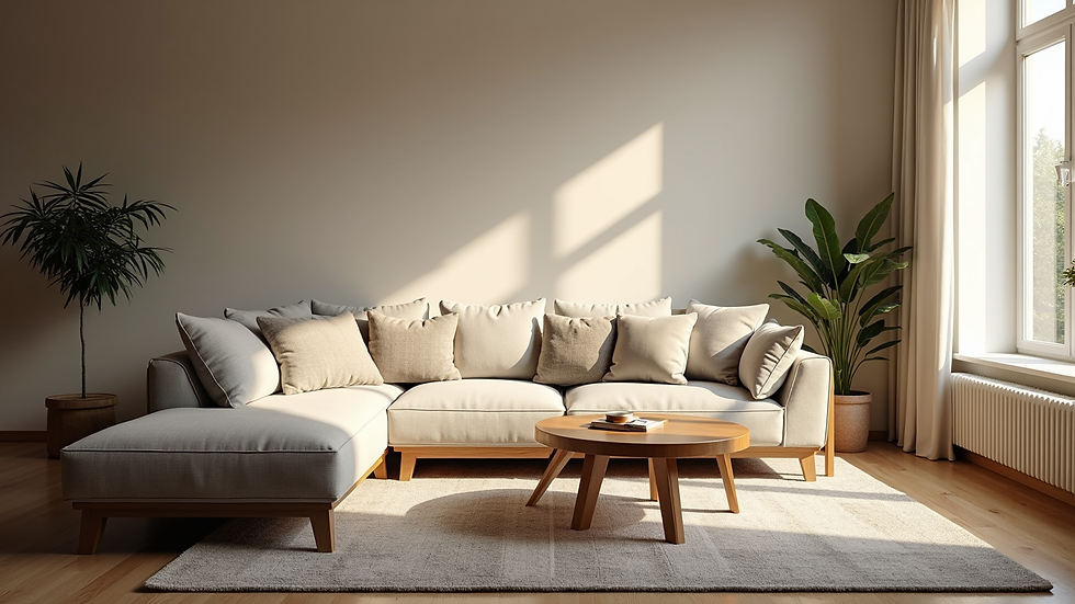 Wide angle view of a cozy living room with natural light