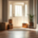 Cardboard boxes, a welcome mat, and a front door with natural light spilling in. Subtle, w
