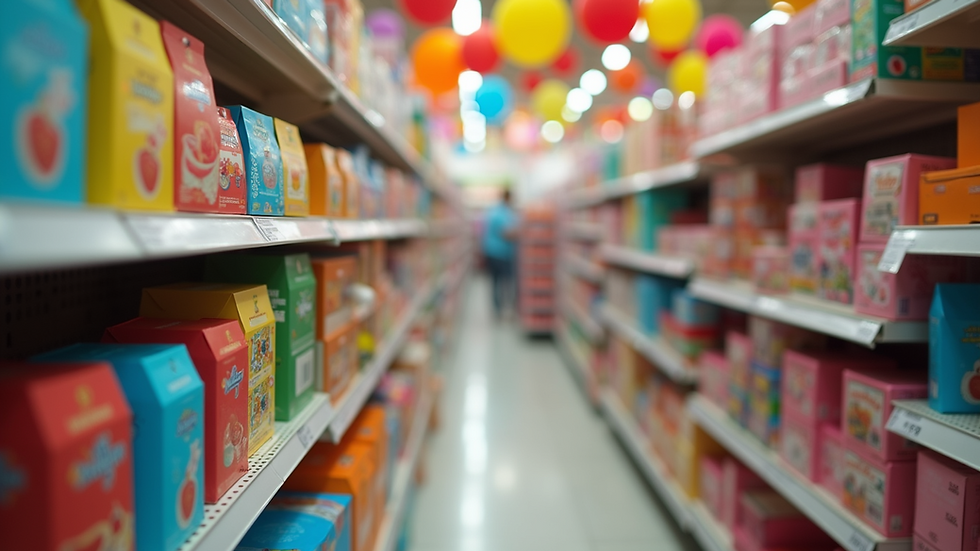 Eye-level view of a colorful party supply display at The Celebration Shop