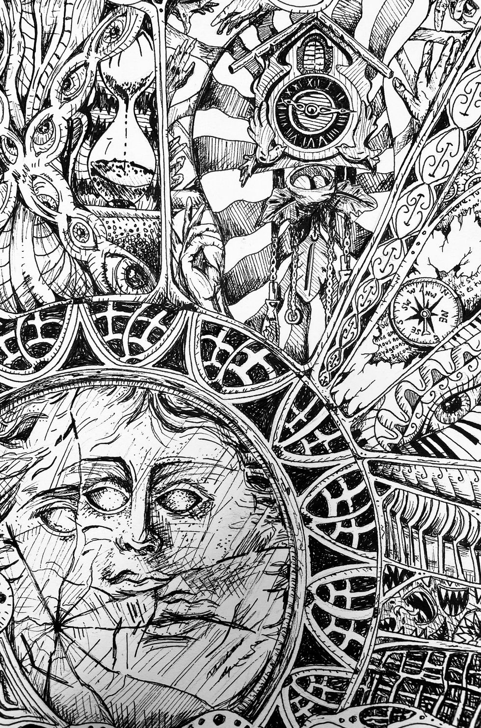 Black pen on paper. It includes stippling and cross hatching as well as repetition. It makes up deep personal stories.