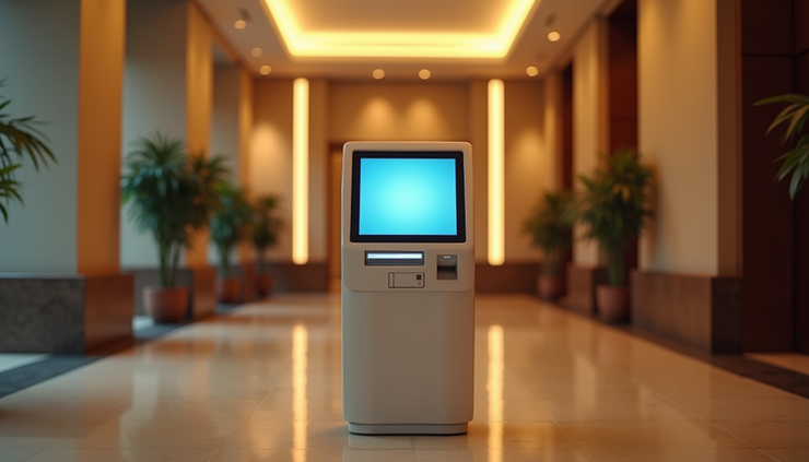 Eye-level view of a cozy hotel lobby with a digital check-in kiosk
