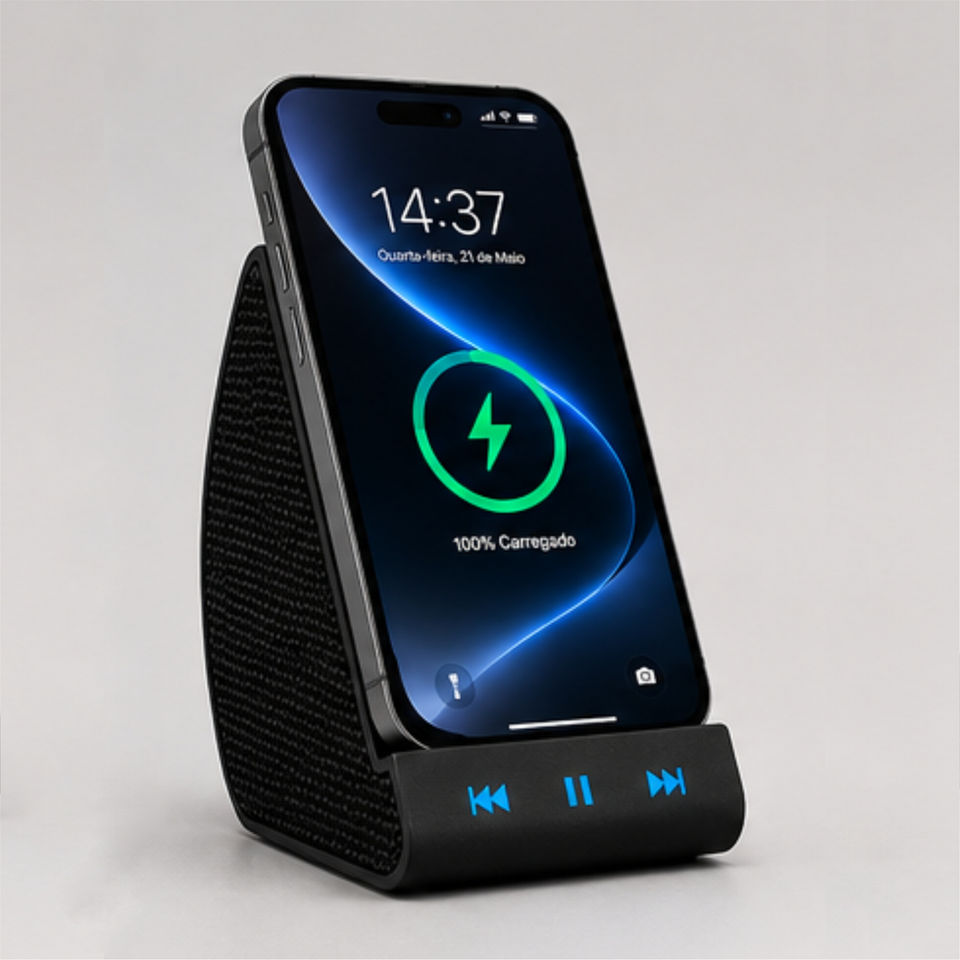 Som. Energia. Organização.
Carregamento sem fio e áudio Bluetooth reunidos em um único produto. Uma solução elegante para simplificar espaços e melhorar a experiência de uso cotidiana.