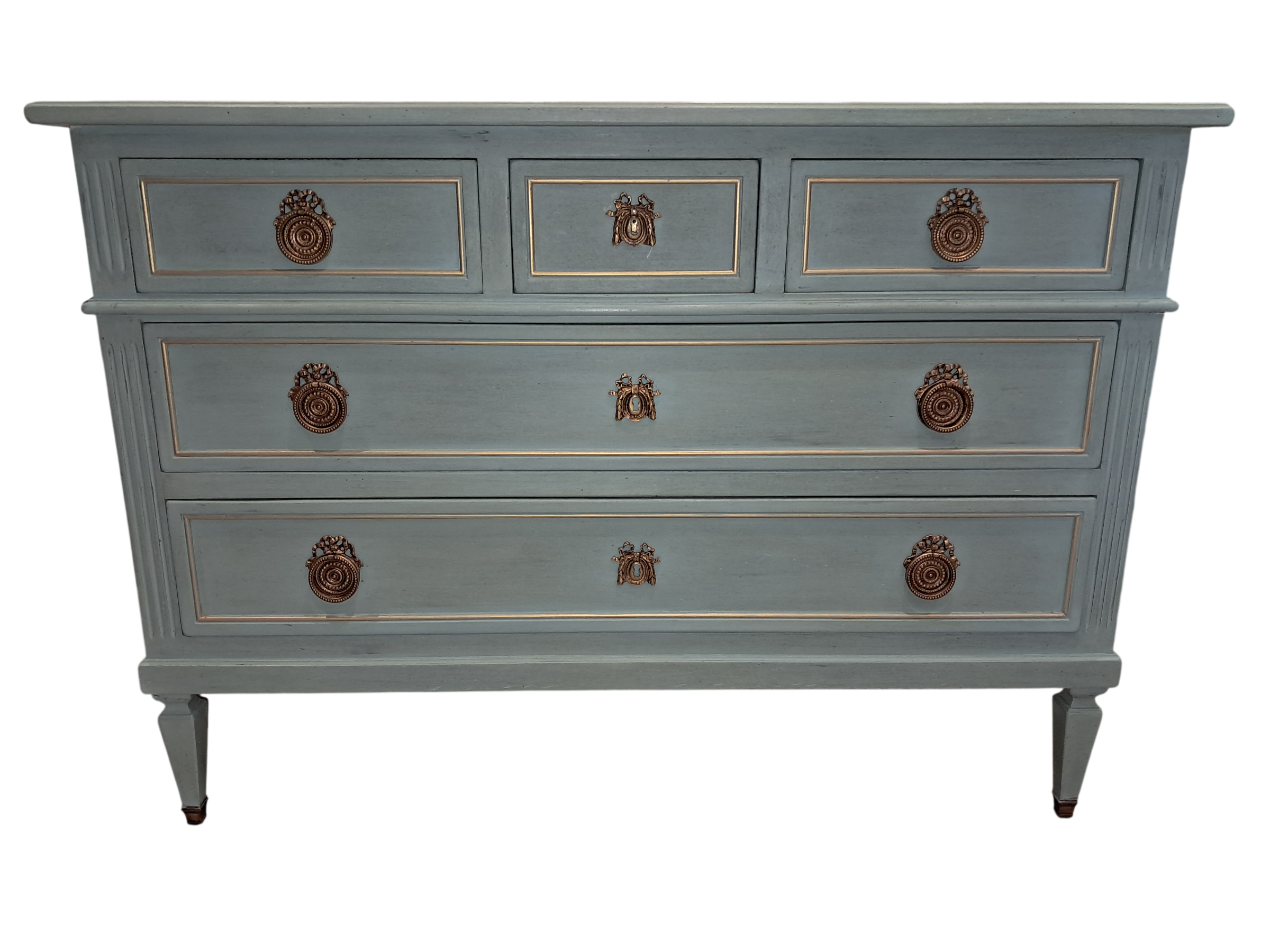 Commode ancienne, patinée verre d'eau et or, style Louis XVI.