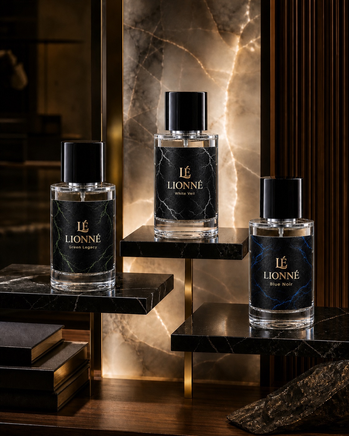 Green Legacy, White Veil and Blue Noir illuminated in a sculptural Lionné setting