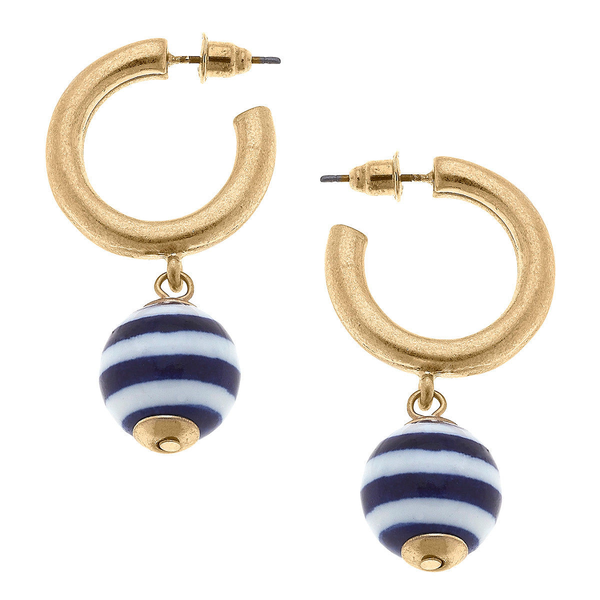 Nautical Ceramic Drop Hoop Earrings in Navy & White