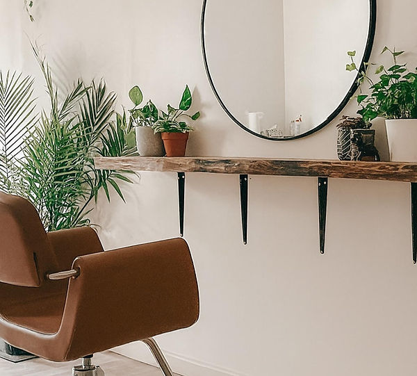 Modern salon chair with plants at Black Sheep Hair Studio in Neustadt Ontario.