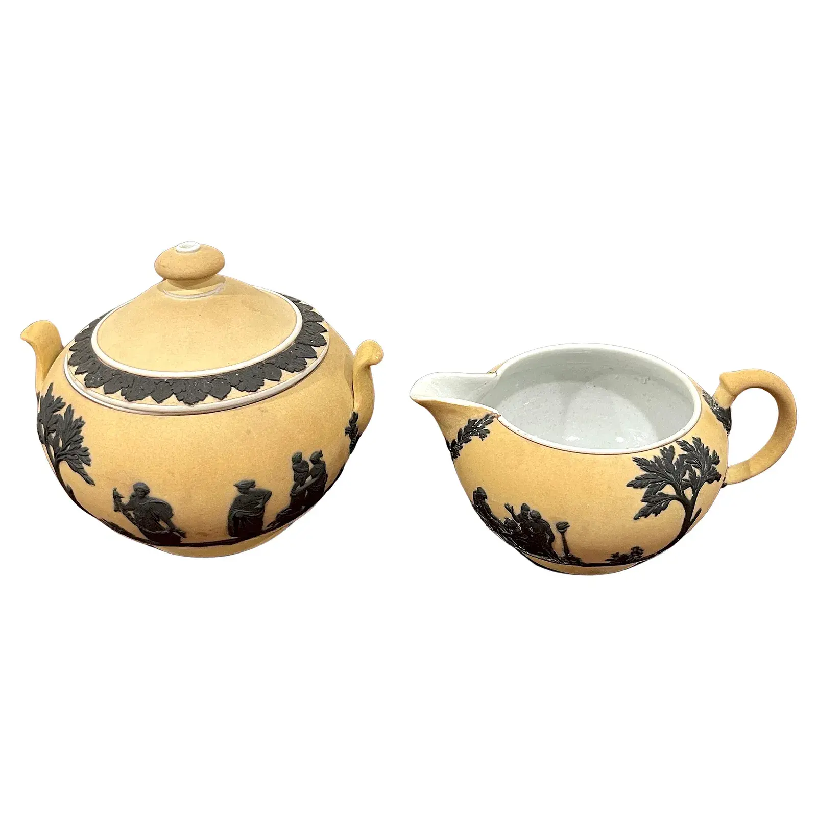 Wedgwood Yellow Dip Jasperware Black Basalt Sugar Creamer Set C 1900