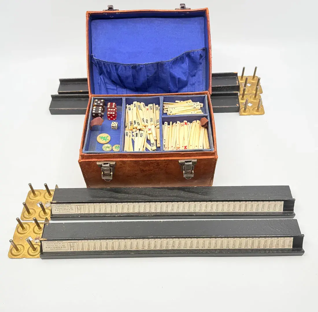 Antique Chinese Mahjong Game Set plus 4 Cowen’s Original Scoring Racks