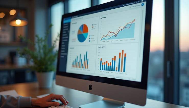 High angle view of a computer screen showing Power BI dashboards with sales and inventory data