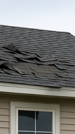 Close-up of blown off and lifted asphalt shingles indicating roof wind damage